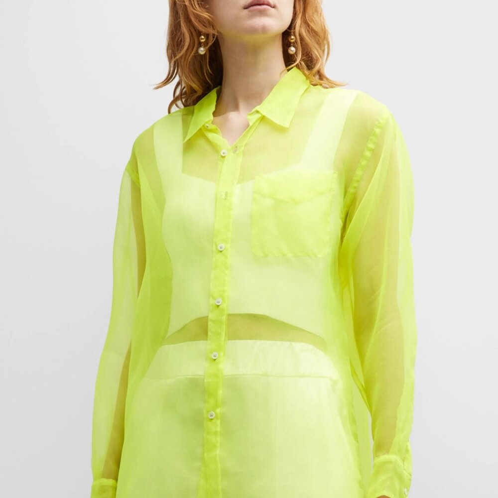 100% Silk Neon Yellow Sheer Button Down Shirt